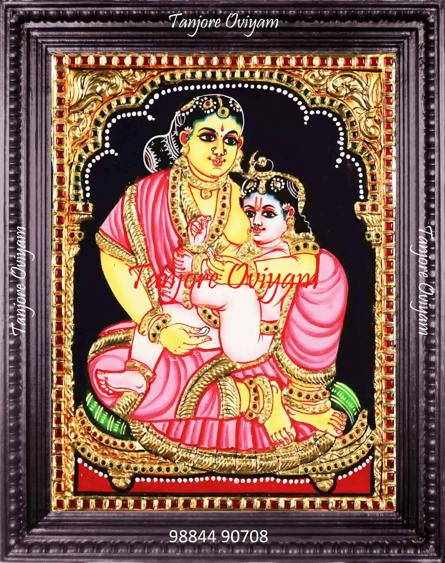 Authentic Yashodha Krishna Tanjore painting showing mother Yashoda holding child Krishna with traditional gold foil work